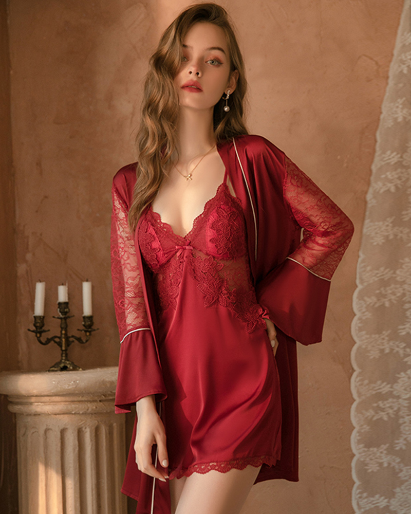 Sultry Daisy Sexy Nightdress Sleepwear Set In Red